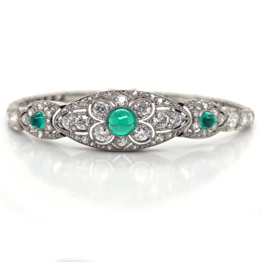 Fine Art Deco Cabochon Emerald and Diamond Bracelet