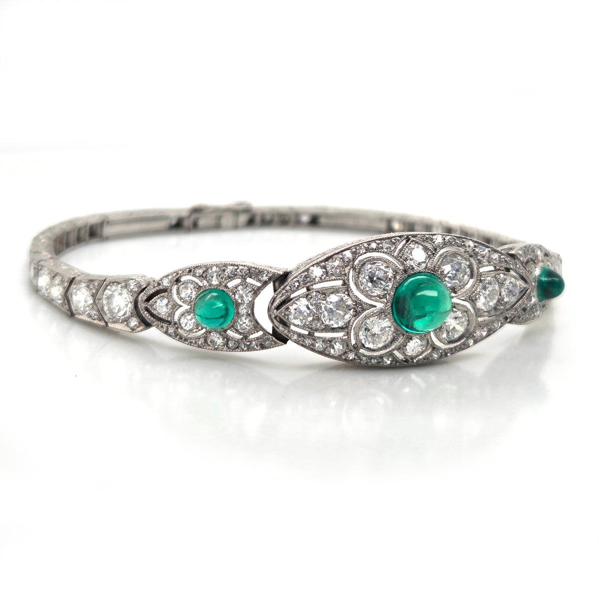 Fine Art Deco Cabochon Emerald and Diamond Bracelet