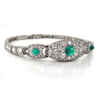 Fine Art Deco Cabochon Emerald and Diamond Bracelet