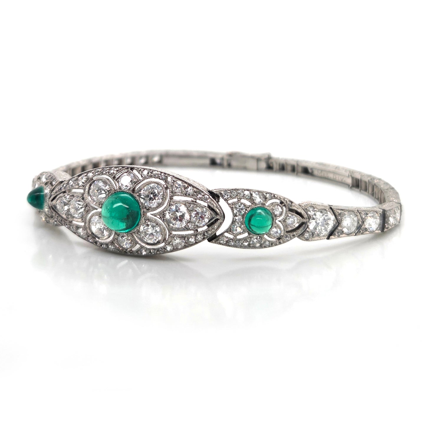 Fine Art Deco Cabochon Emerald and Diamond Bracelet