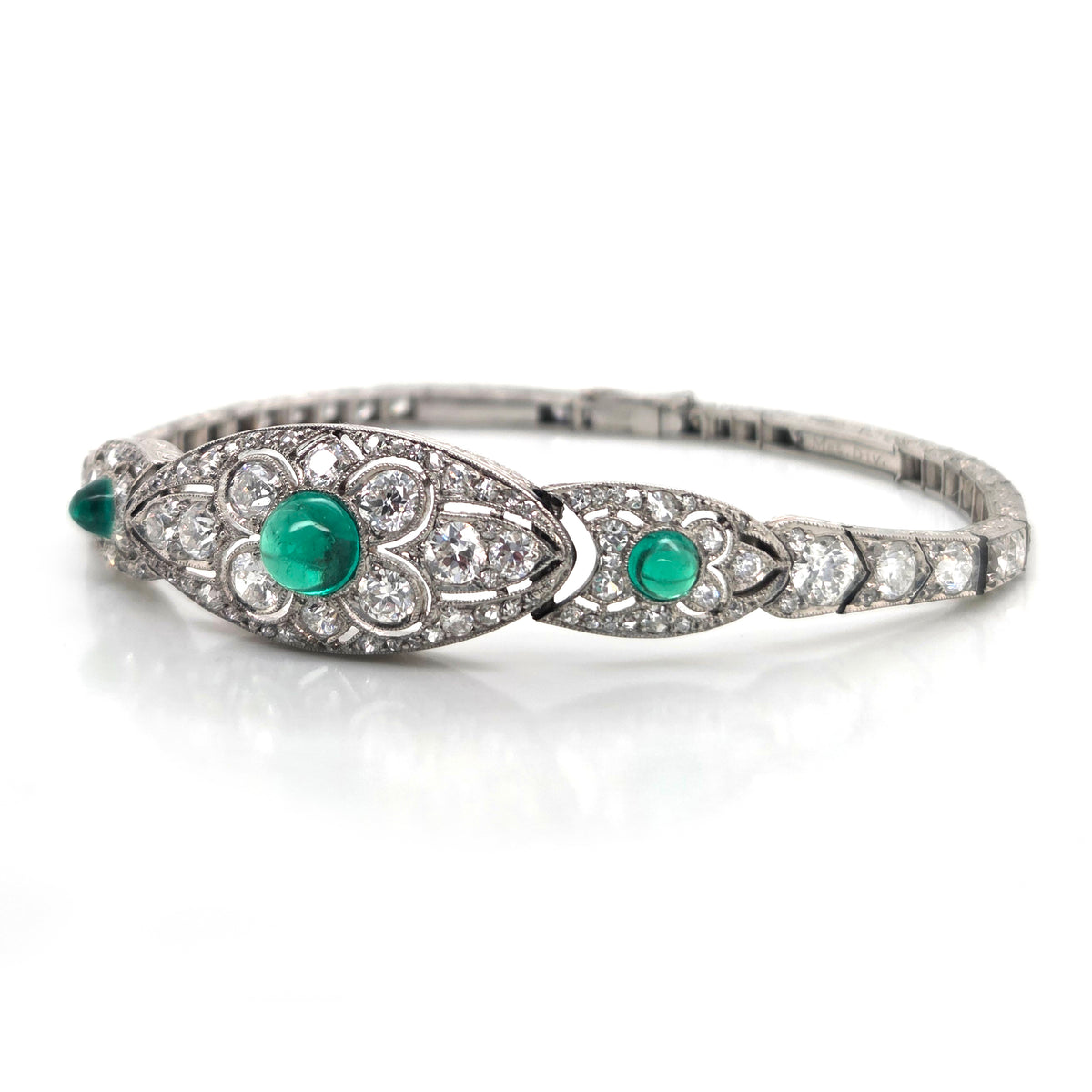 Fine Art Deco Cabochon Emerald and Diamond Bracelet