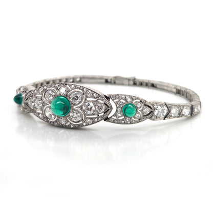 Fine Art Deco Cabochon Emerald and Diamond Bracelet