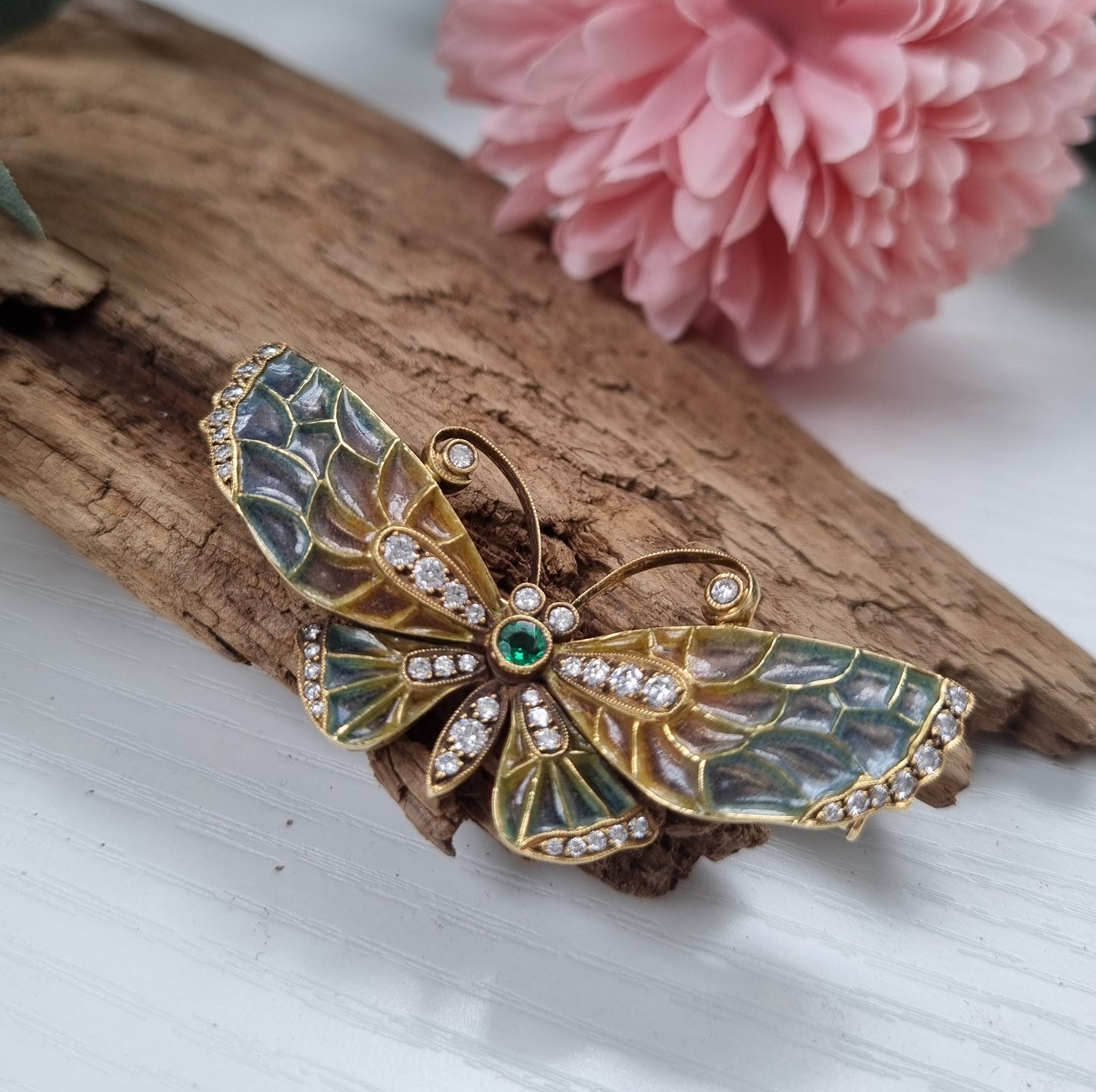 Blue and Pink Plique a Jour Enamel Butterfly Brooch with Diamonds and Emerald
