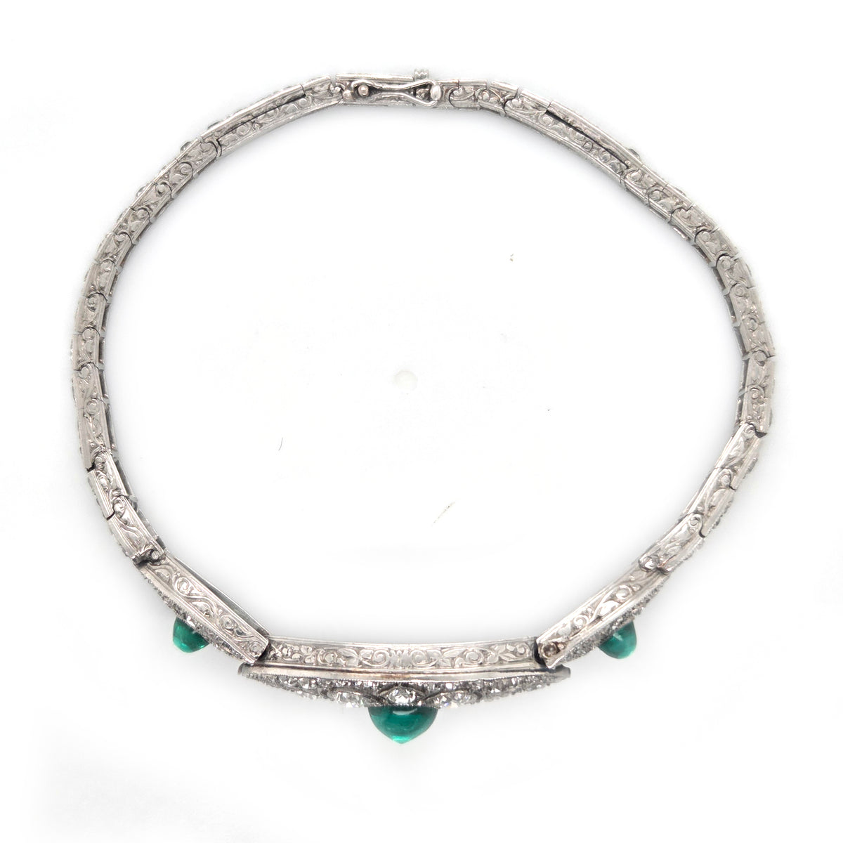 Fine Art Deco Cabochon Emerald and Diamond Bracelet