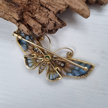 Blue and Pink Plique a Jour Enamel Butterfly Brooch with Diamonds and Emerald