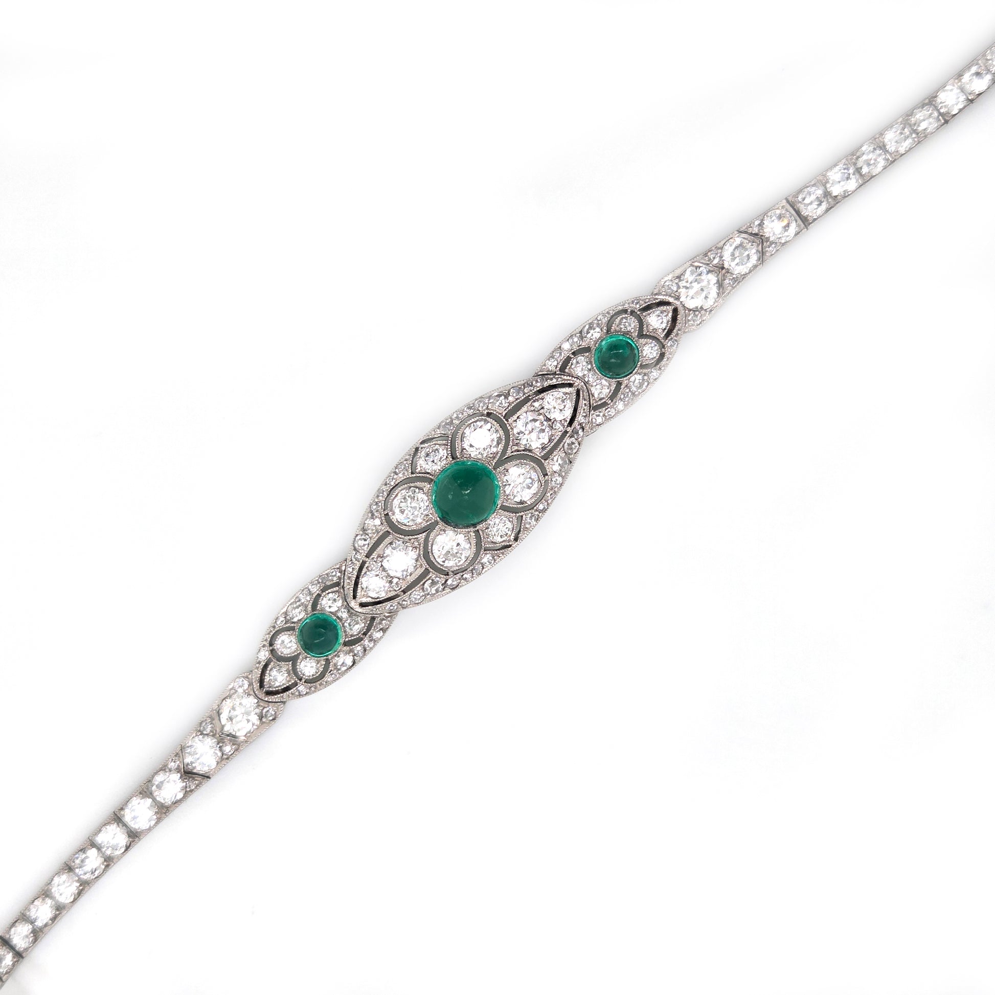 Fine Art Deco Cabochon Emerald and Diamond Bracelet