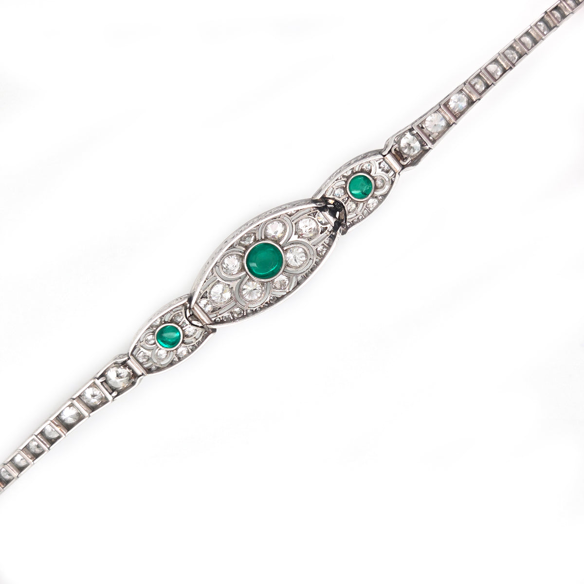 Fine Art Deco Cabochon Emerald and Diamond Bracelet