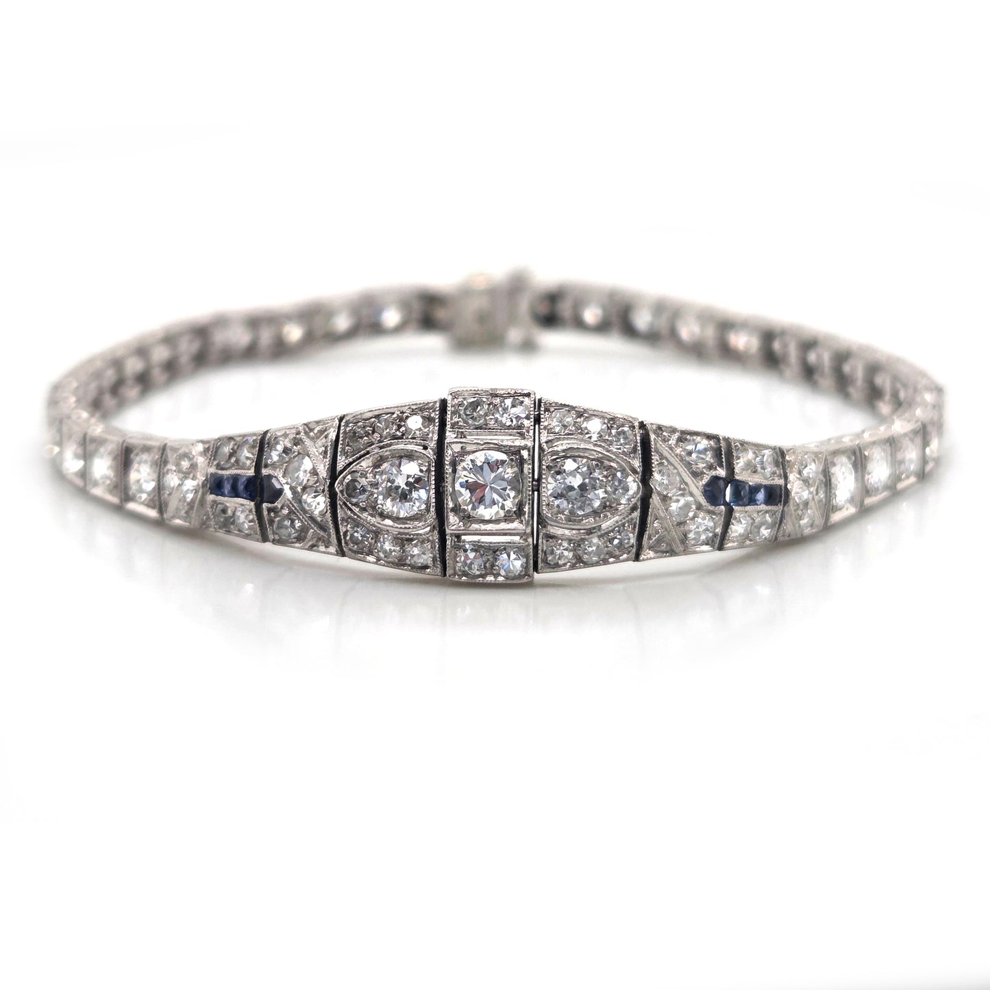 Antique Vintage Art Deco Diamond and Sapphire Line Bracelet Circa 1920s