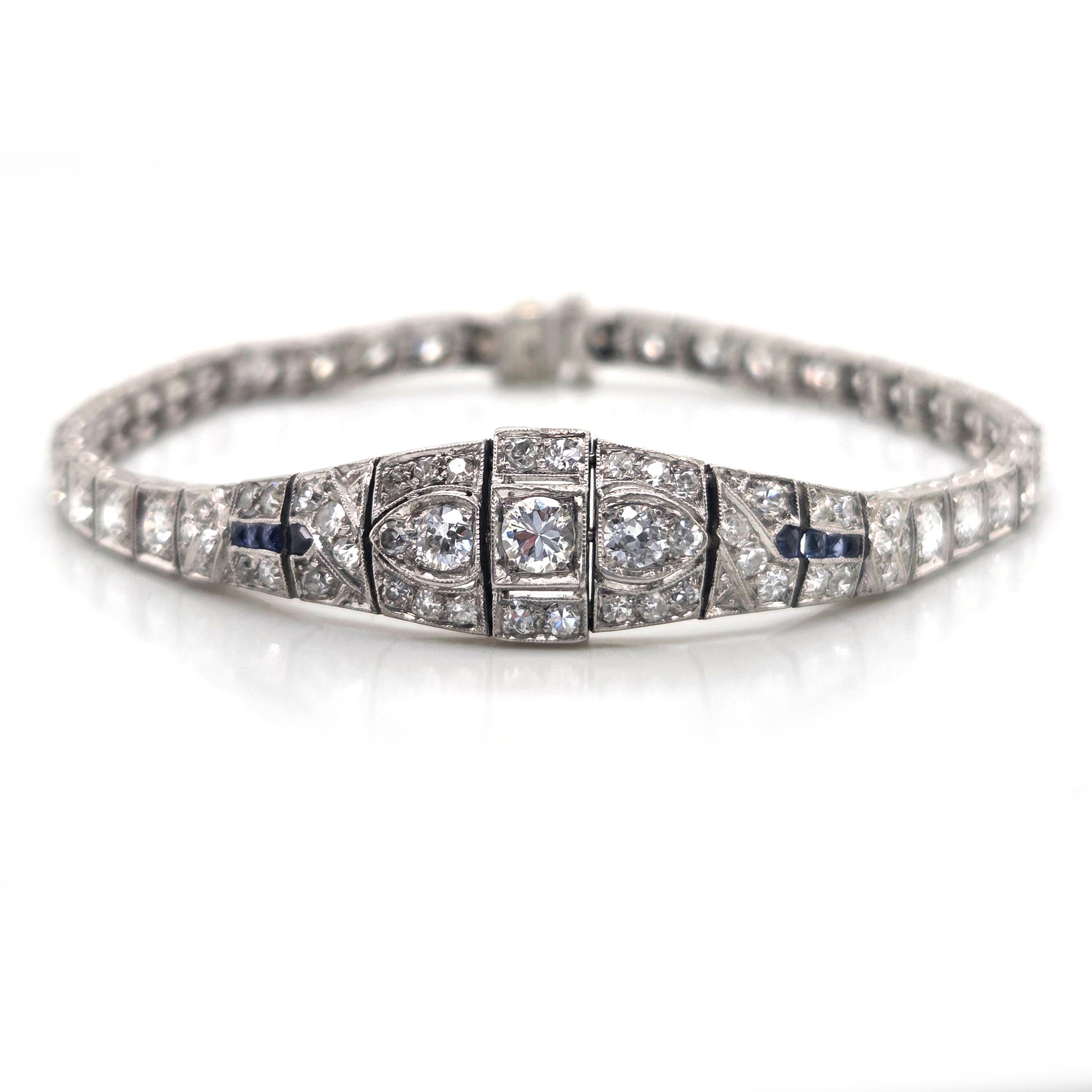 Antique Vintage Art Deco Diamond and Sapphire Line Bracelet Circa 1920s