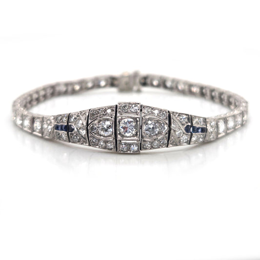 Antique Vintage Art Deco Diamond and Sapphire Line Bracelet Circa 1920s
