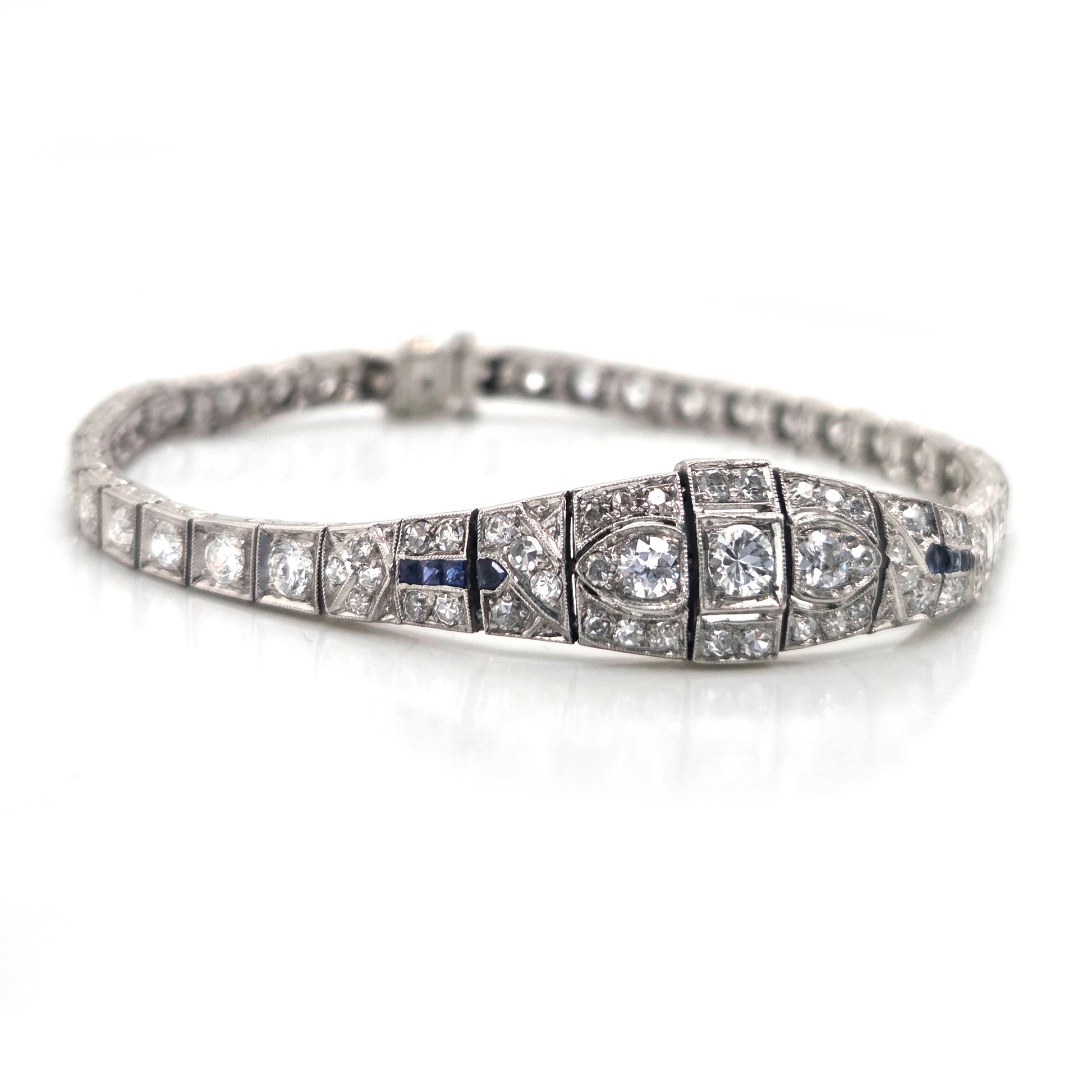 Antique Vintage Art Deco Diamond and Sapphire Line Bracelet Circa 1920s