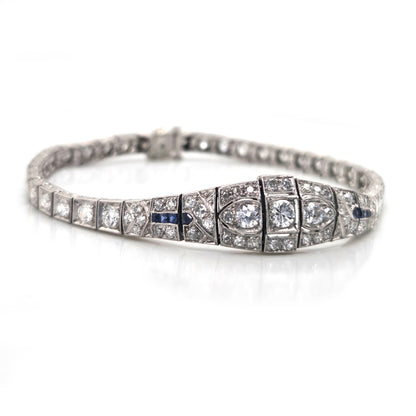 Antique Vintage Art Deco Diamond and Sapphire Line Bracelet Circa 1920s