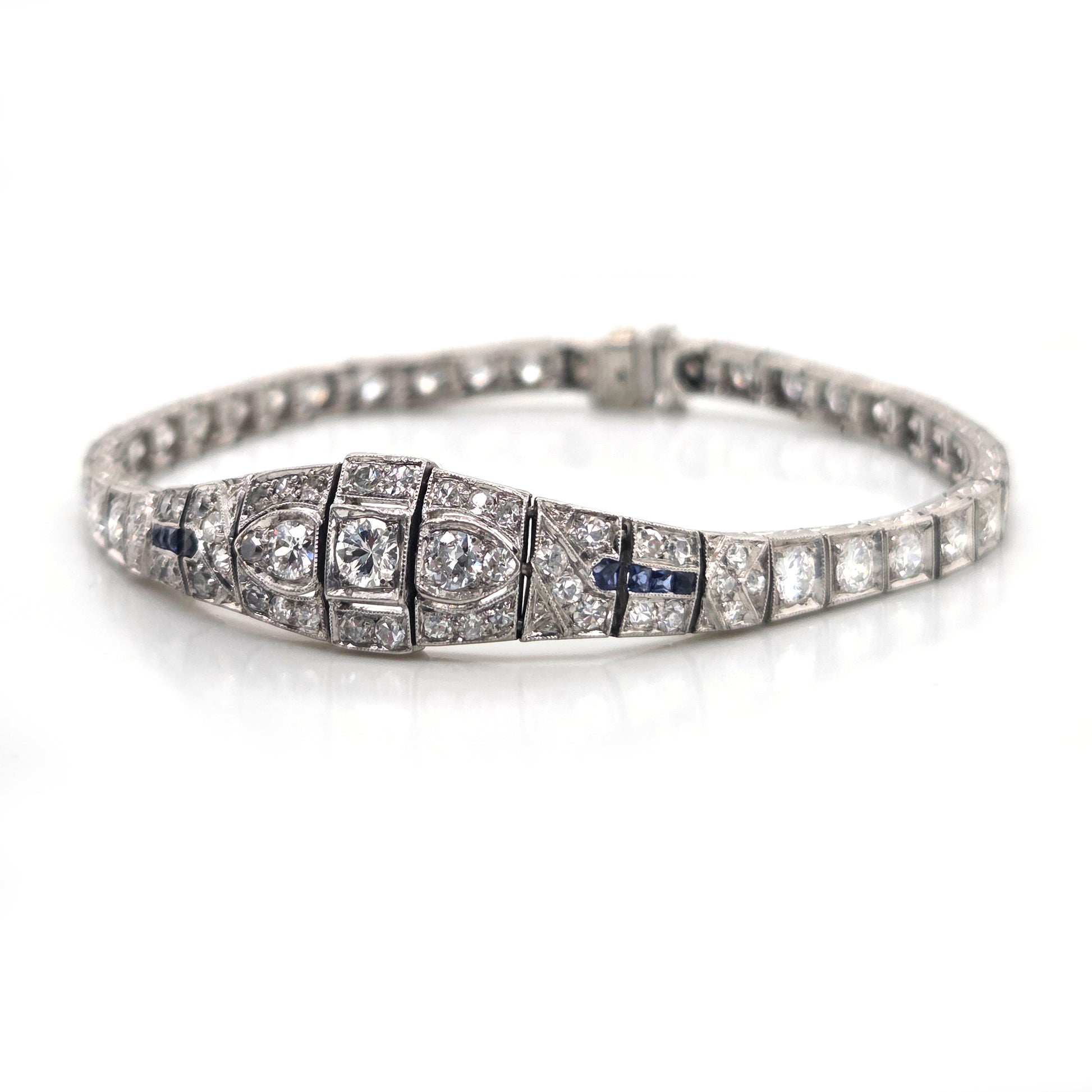 Antique Vintage Art Deco Diamond and Sapphire Line Bracelet Circa 1920s