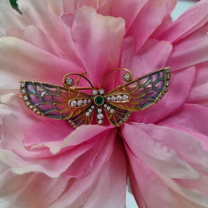 Blue and Pink Plique a Jour Enamel Butterfly Brooch with Diamonds and Emerald