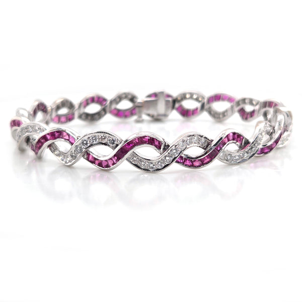 Vintage 3ct Ruby and 3ct Diamond Entwined Bracelet in Platinum