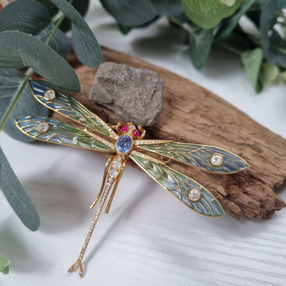 Modern Art Nouveau Inspired Plique a Jour Enamel Diamond Ruby Sapphire and Gold Dragonfly Brooch