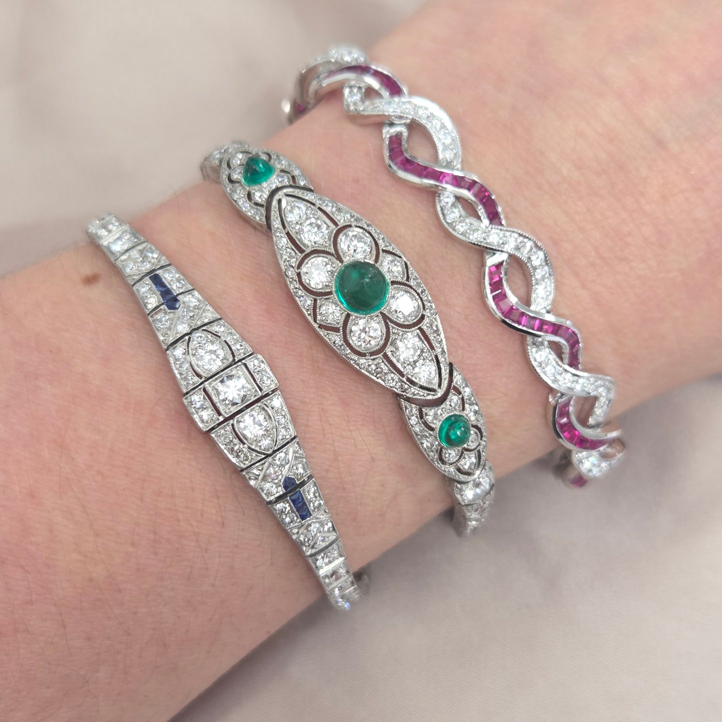 Fine Art Deco Cabochon Emerald and Diamond Bracelet