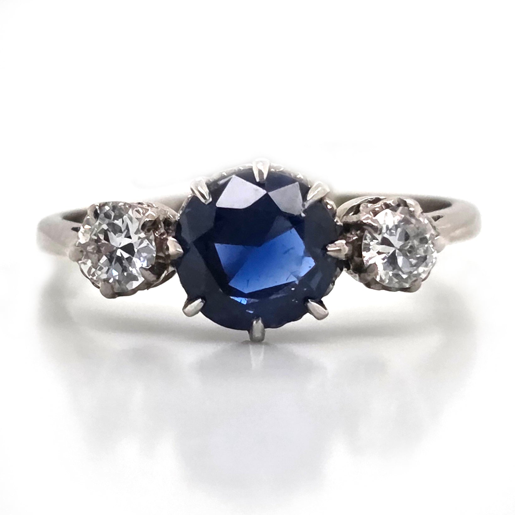 Vintage Late Art Deco 1.25ct Vivid Blue Sapphire and Diamond Three Stone Engagement Ring