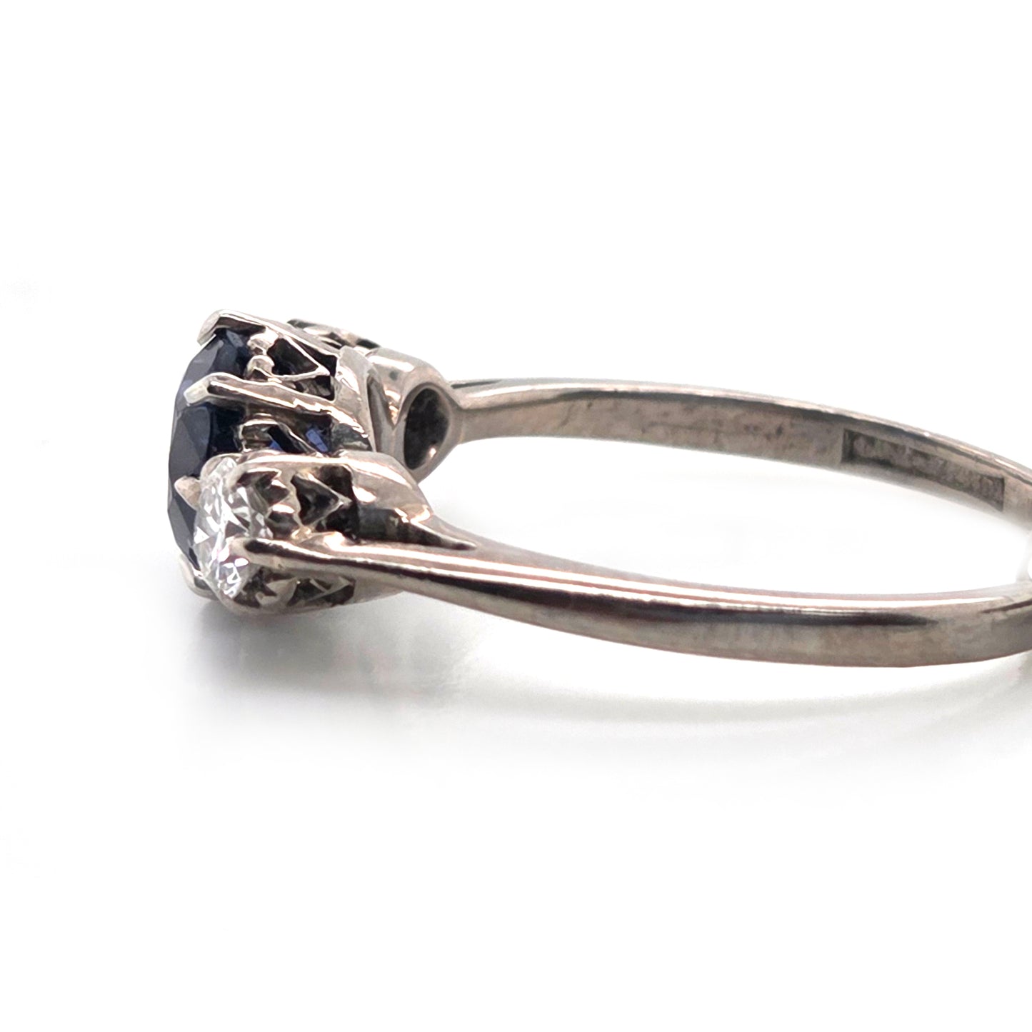 Vintage Late Art Deco 1.25ct Vivid Blue Sapphire and Diamond Three Stone Engagement Ring