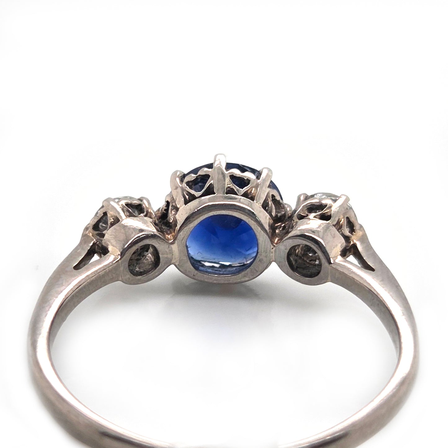 Vintage Late Art Deco 1.25ct Vivid Blue Sapphire and Diamond Three Stone Engagement Ring