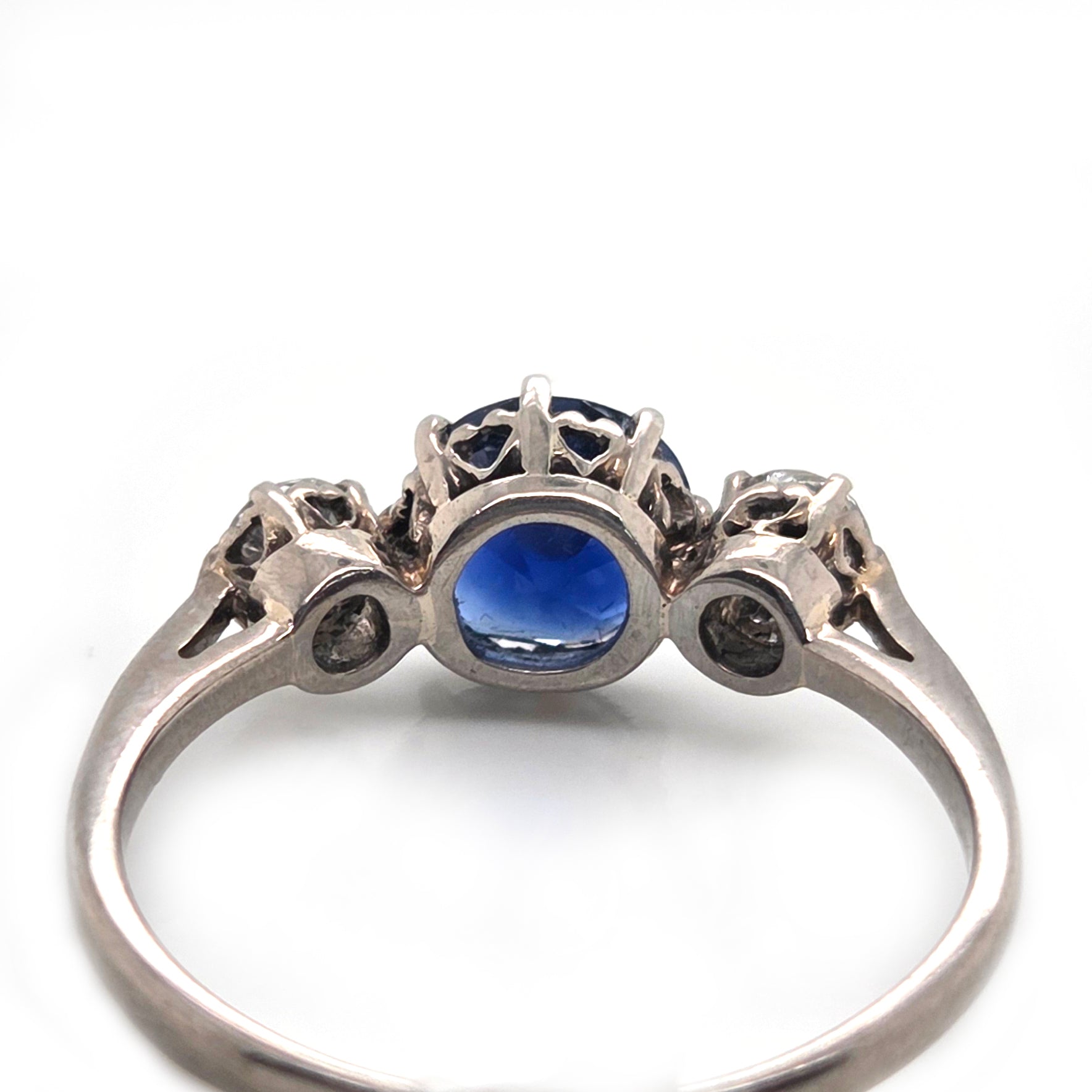 Vintage Late Art Deco 1.25ct Vivid Blue Sapphire and Diamond Three Stone Engagement Ring