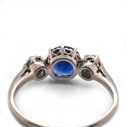 Vintage Late Art Deco 1.25ct Vivid Blue Sapphire and Diamond Three Stone Engagement Ring