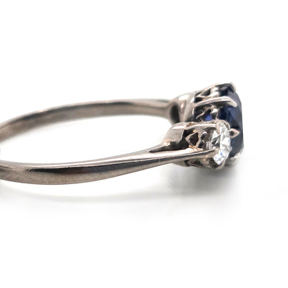 Vintage Late Art Deco 1.25ct Vivid Blue Sapphire and Diamond Three Stone Engagement Ring