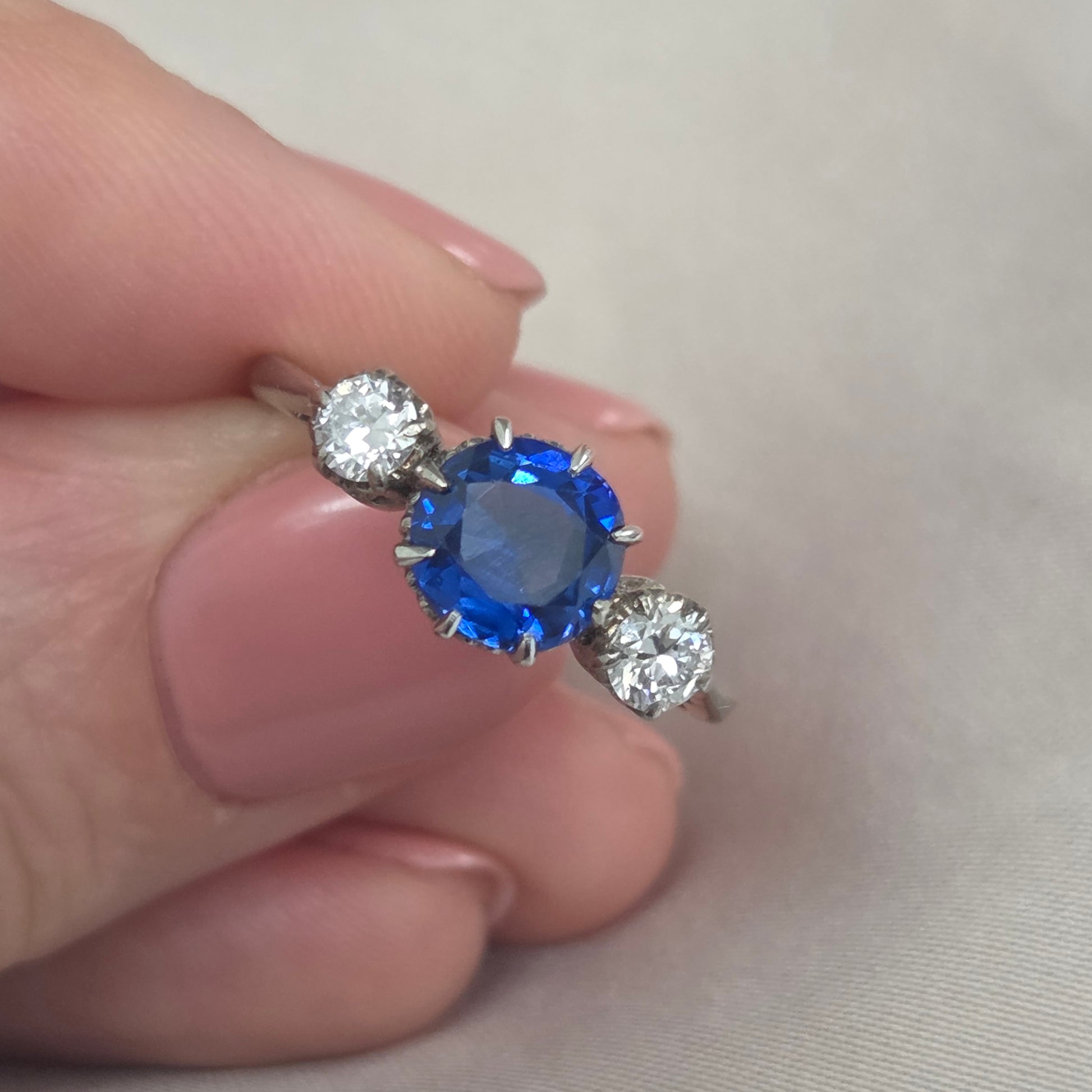 Vintage Late Art Deco 1.25ct Vivid Blue Sapphire and Diamond Three Stone Engagement Ring