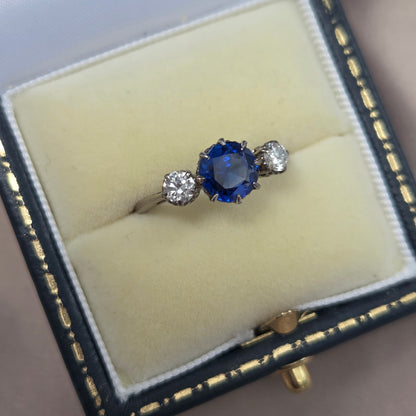 Vintage Late Art Deco 1.25ct Vivid Blue Sapphire and Diamond Three Stone Engagement Ring