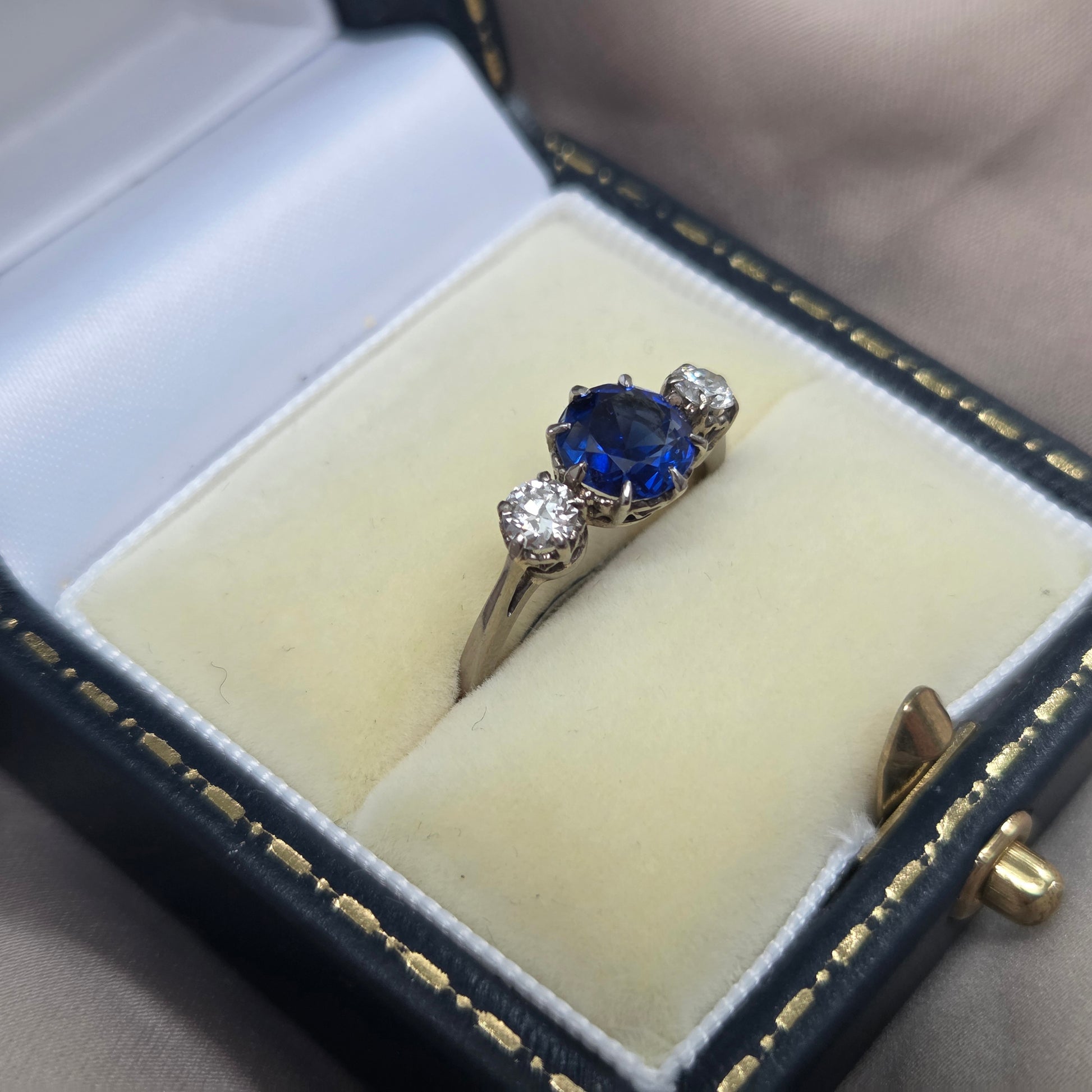 Vintage Late Art Deco 1.25ct Vivid Blue Sapphire and Diamond Three Stone Engagement Ring