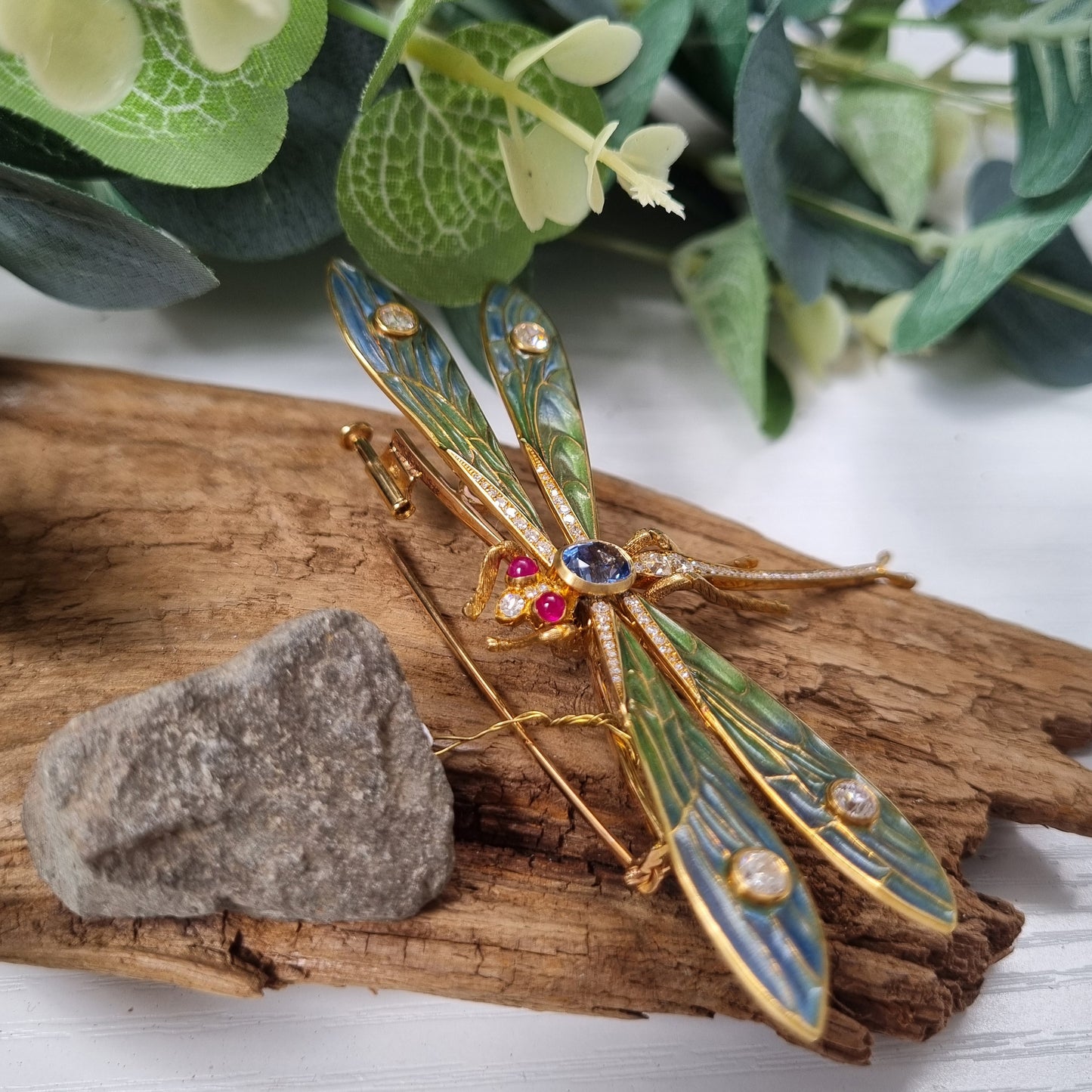 Modern Art Nouveau Inspired Plique a Jour Enamel Diamond Ruby Sapphire and Gold Dragonfly Brooch
