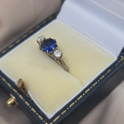 Vintage Late Art Deco 1.25ct Vivid Blue Sapphire and Diamond Three Stone Engagement Ring