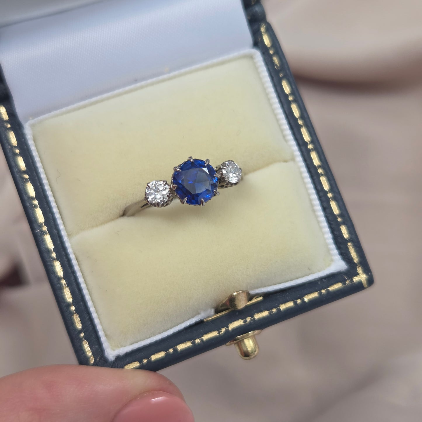 Vintage Late Art Deco 1.25ct Vivid Blue Sapphire and Diamond Three Stone Engagement Ring
