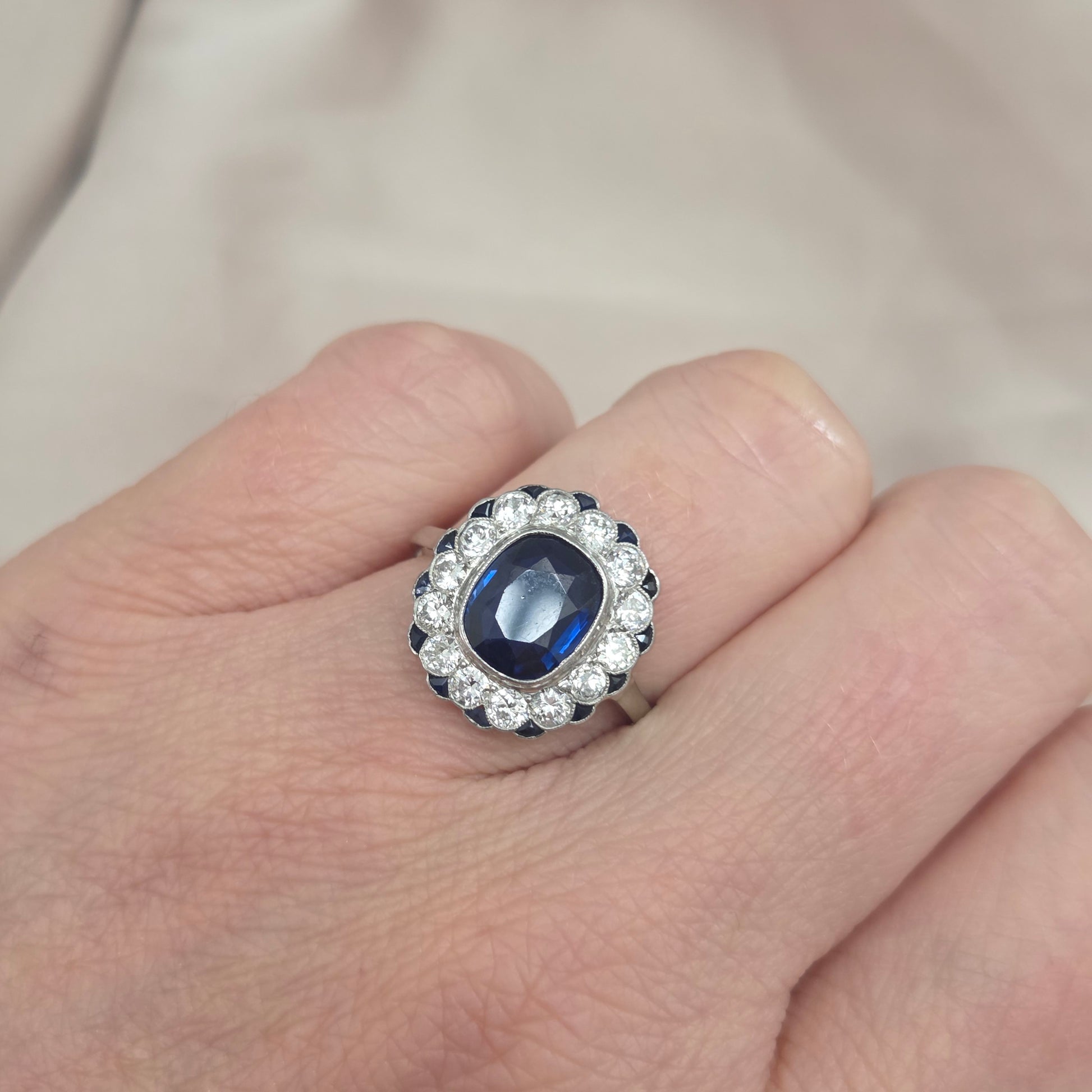 Vintage 2ct Sapphire and Diamond Cluster Ring, Circa 1940s