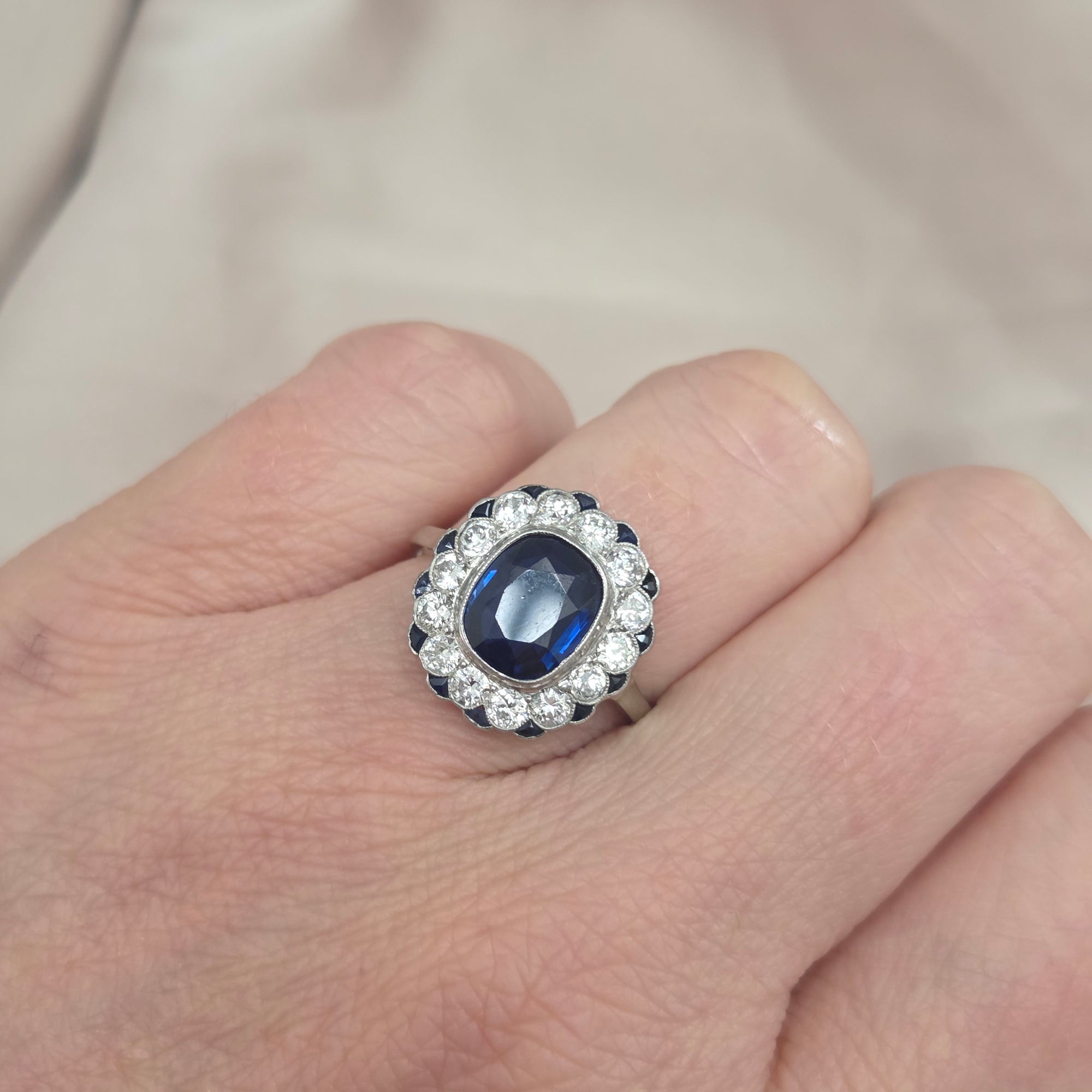 Vintage 2ct Sapphire and Diamond Cluster Ring, Circa 1940s