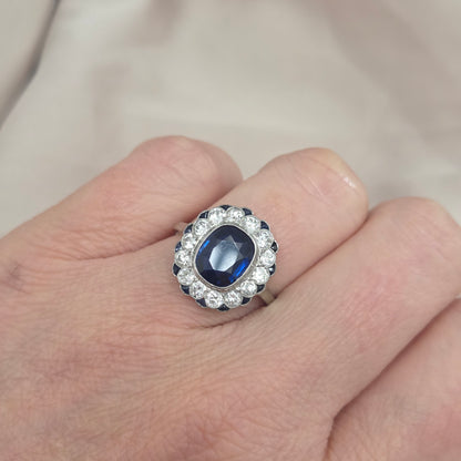 Vintage 2ct Sapphire and Diamond Cluster Ring, Circa 1940s