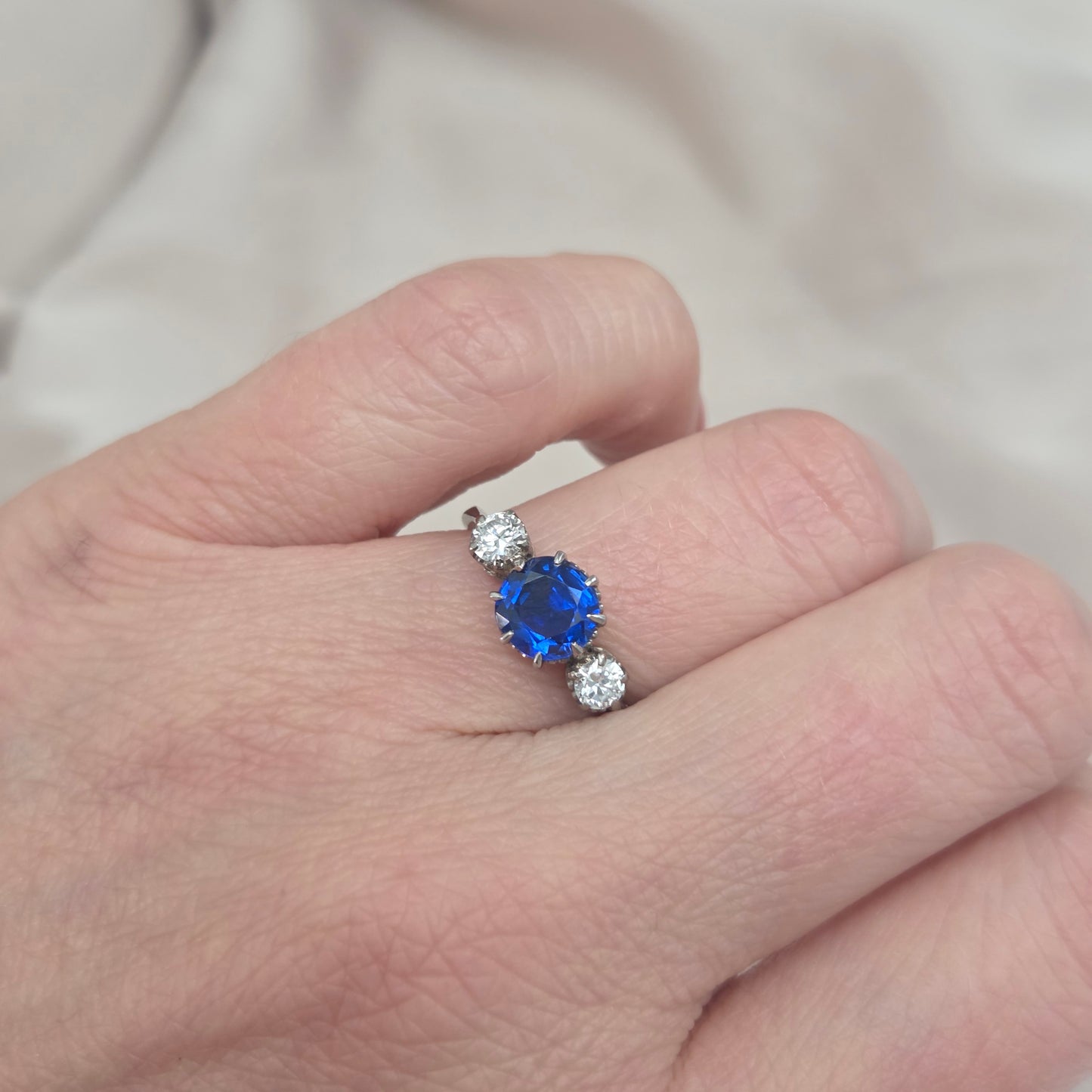 Vintage Late Art Deco 1.25ct Vivid Blue Sapphire and Diamond Three Stone Engagement Ring