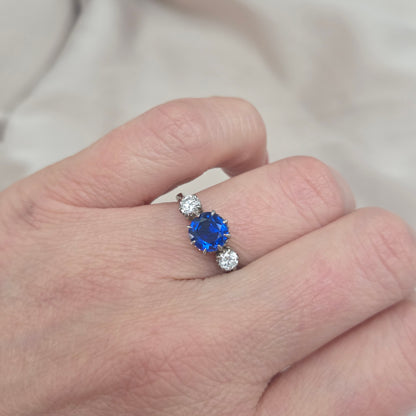 Vintage Late Art Deco 1.25ct Vivid Blue Sapphire and Diamond Three Stone Engagement Ring