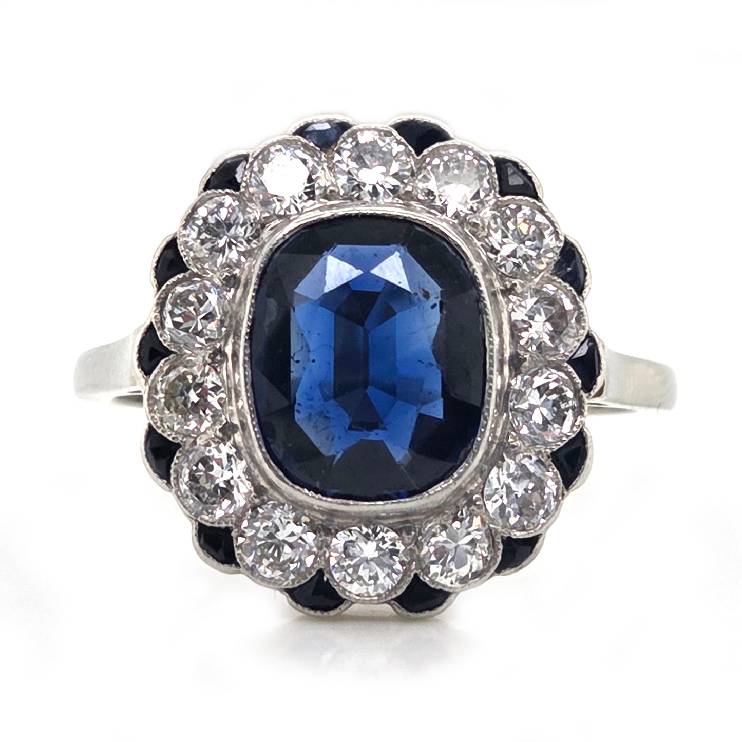 Vintage 2ct Sapphire and Diamond Cluster Ring, Circa 1940s
