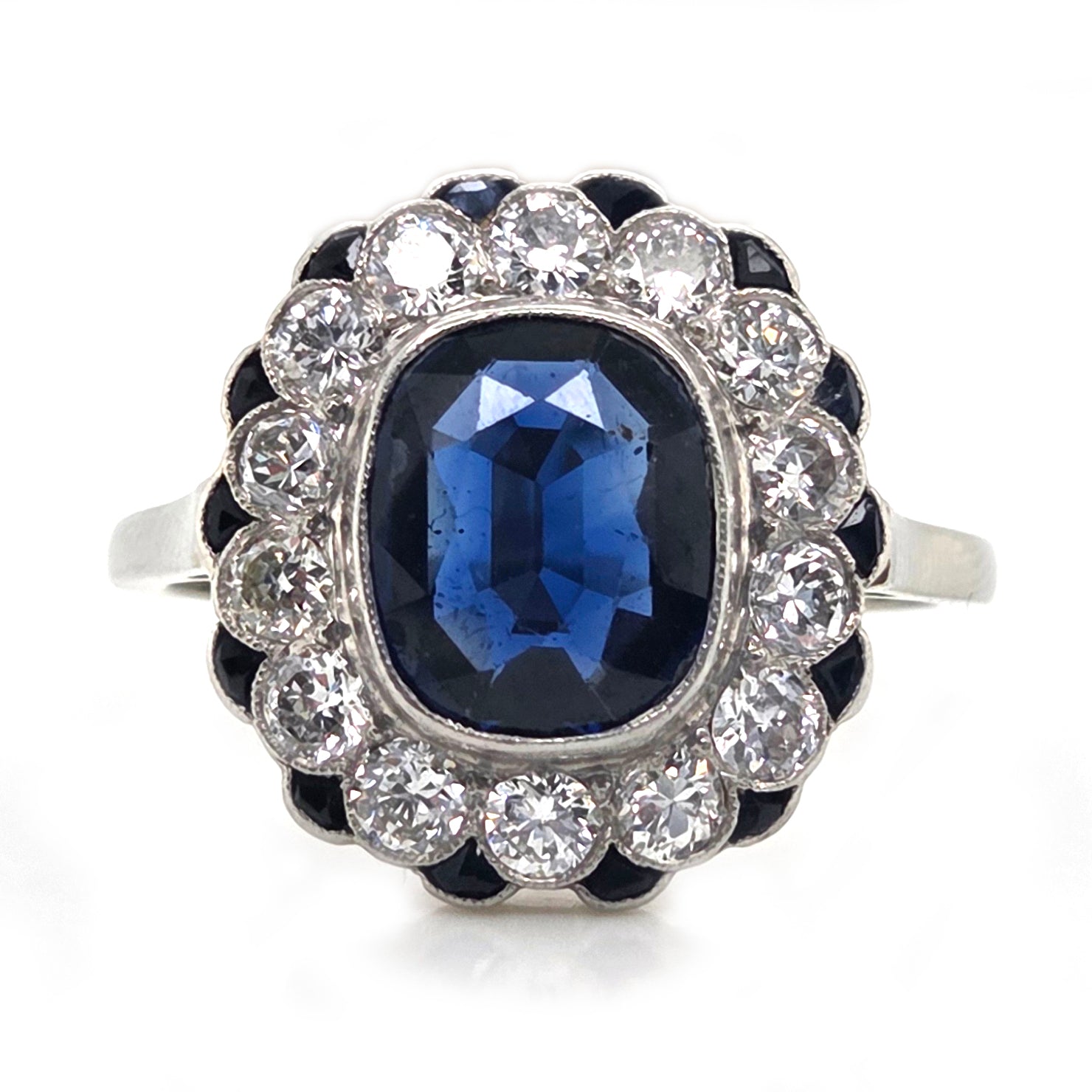 Vintage 2ct Sapphire and Diamond Cluster Ring, Circa 1940s