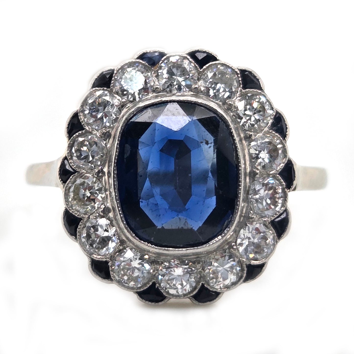 Vintage 2ct Sapphire and Diamond Cluster Ring, Circa 1940s