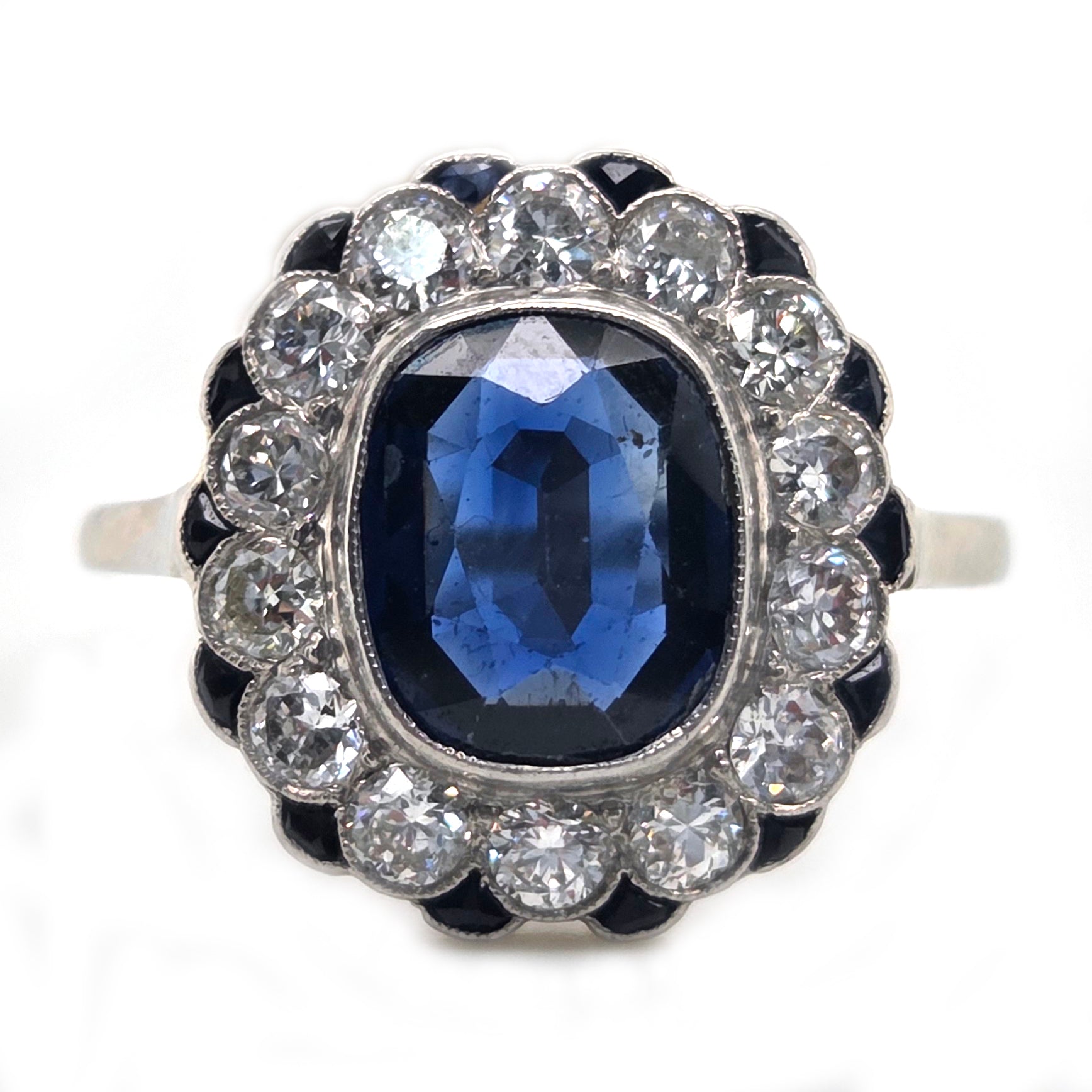 Vintage 2ct Sapphire and Diamond Cluster Ring, Circa 1940s
