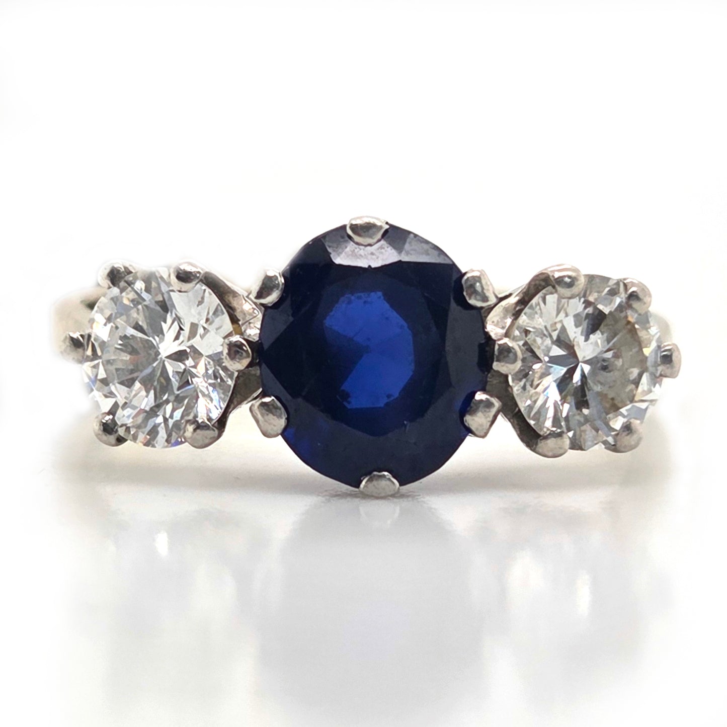 Vintage 1.72ct Oval Sapphire and Diamond Three Stone Engagement Ring
