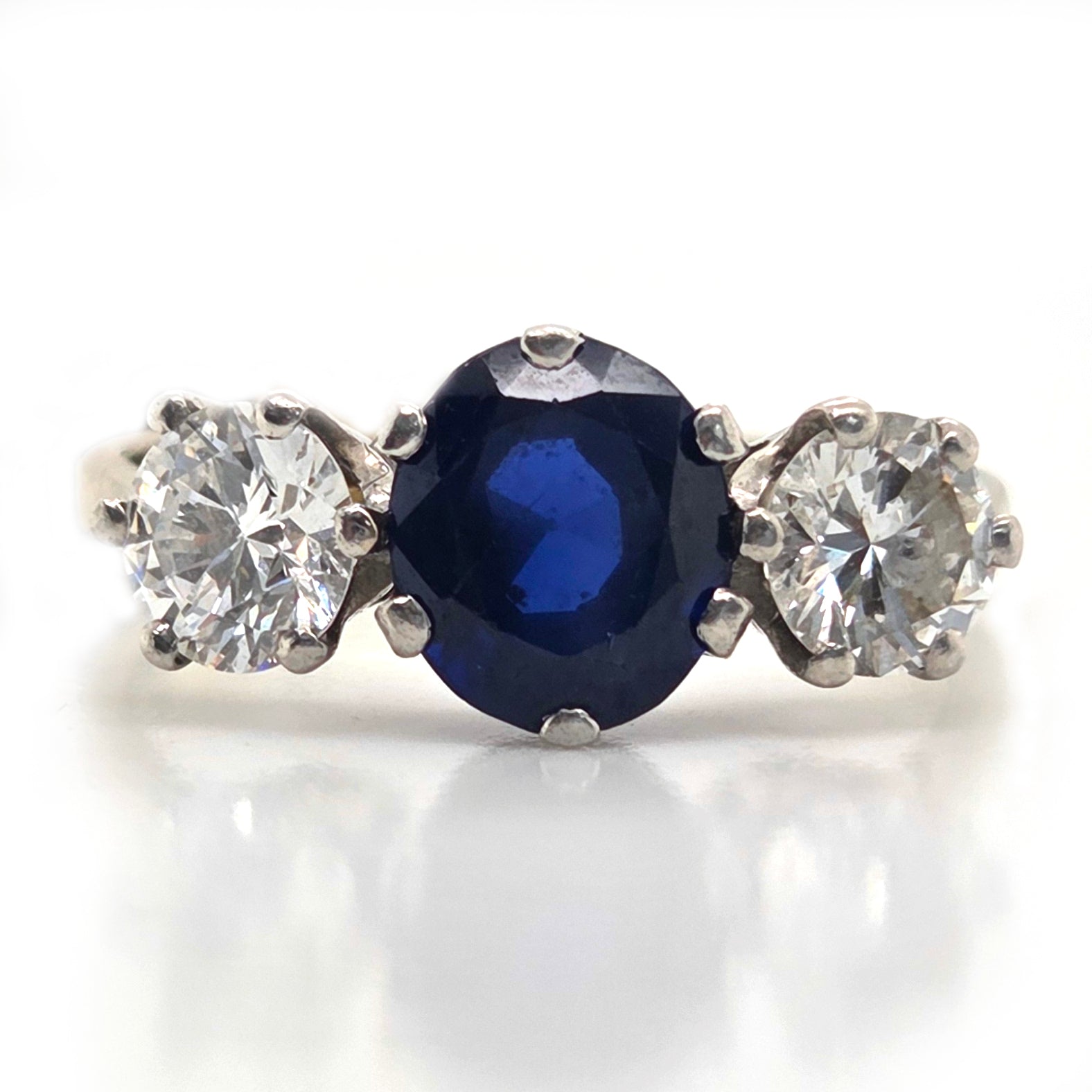 Vintage 1.72ct Oval Sapphire and Diamond Three Stone Engagement Ring