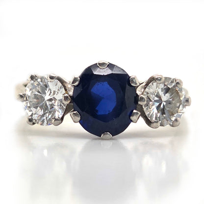 Vintage 1.72ct Oval Sapphire and Diamond Three Stone Engagement Ring