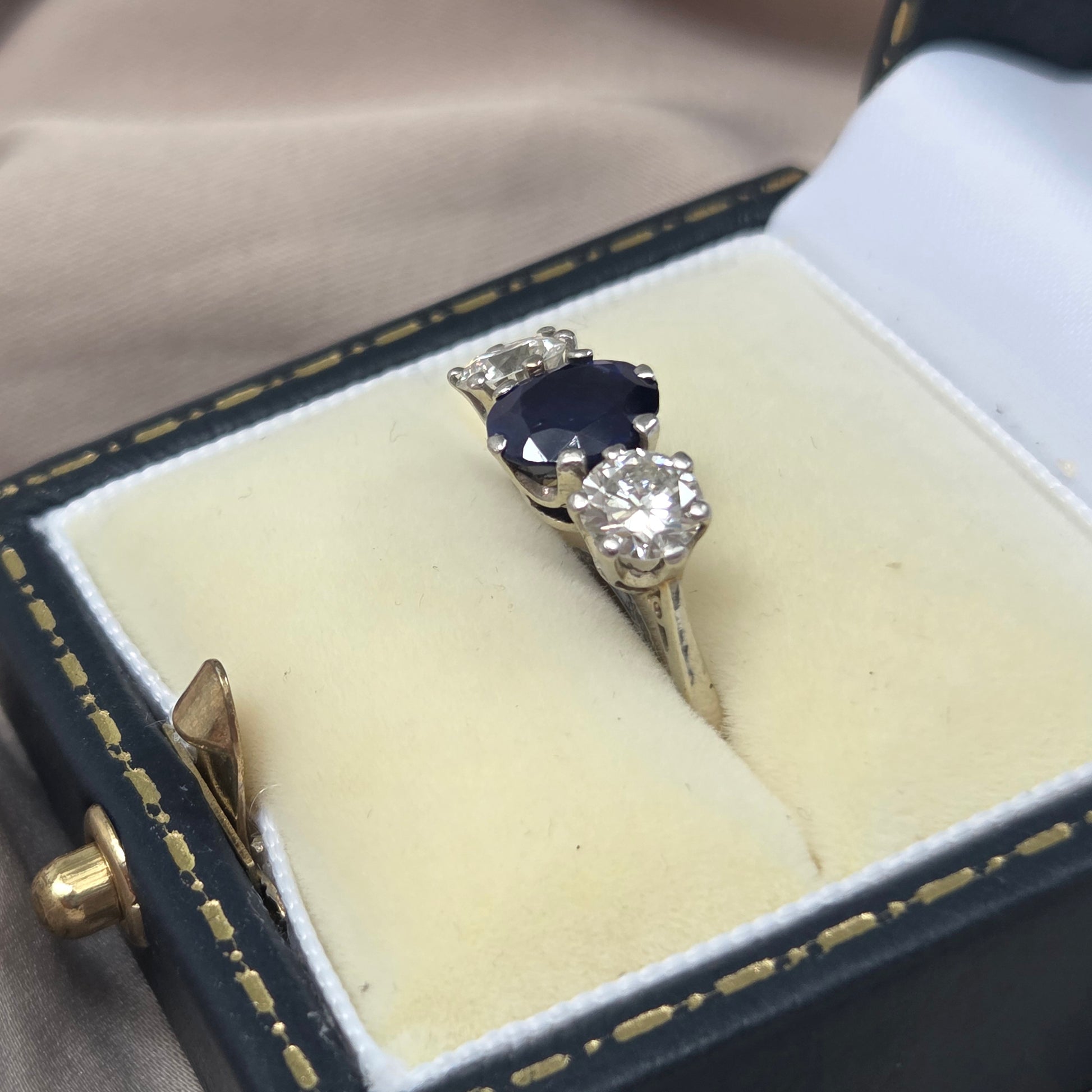 Vintage 1.72ct Oval Sapphire and Diamond Three Stone Engagement Ring