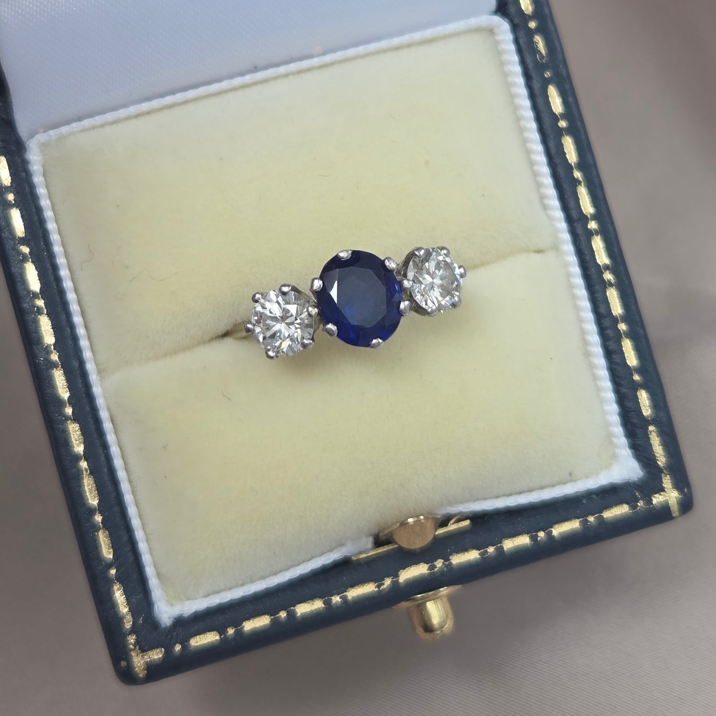 Vintage 1.72ct Oval Sapphire and Diamond Three Stone Engagement Ring