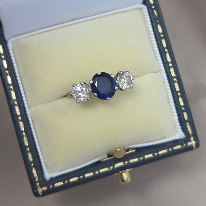 Vintage 1.72ct Oval Sapphire and Diamond Three Stone Engagement Ring