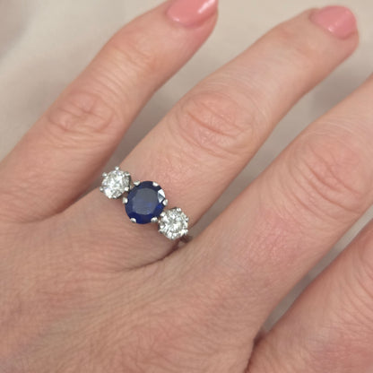 Vintage 1.72ct Oval Sapphire and Diamond Three Stone Engagement Ring