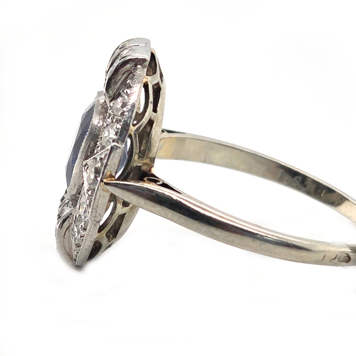 Art Deco French 1.87ct Sapphire and Diamond Cluster Plaque Ring in Platinum